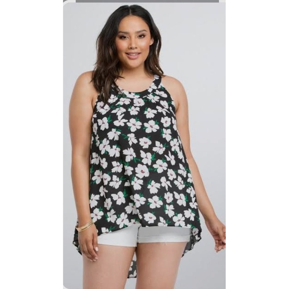 Torrid Floral High Low Sleeveless Tunic‎ Top Black White Green Size 00 Large